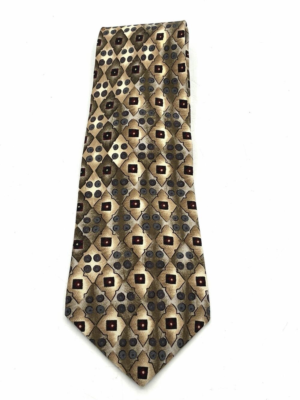 Vintage Perry Ellis Tie Geometric Gold Brown Gray Burgundy Mens Necktie